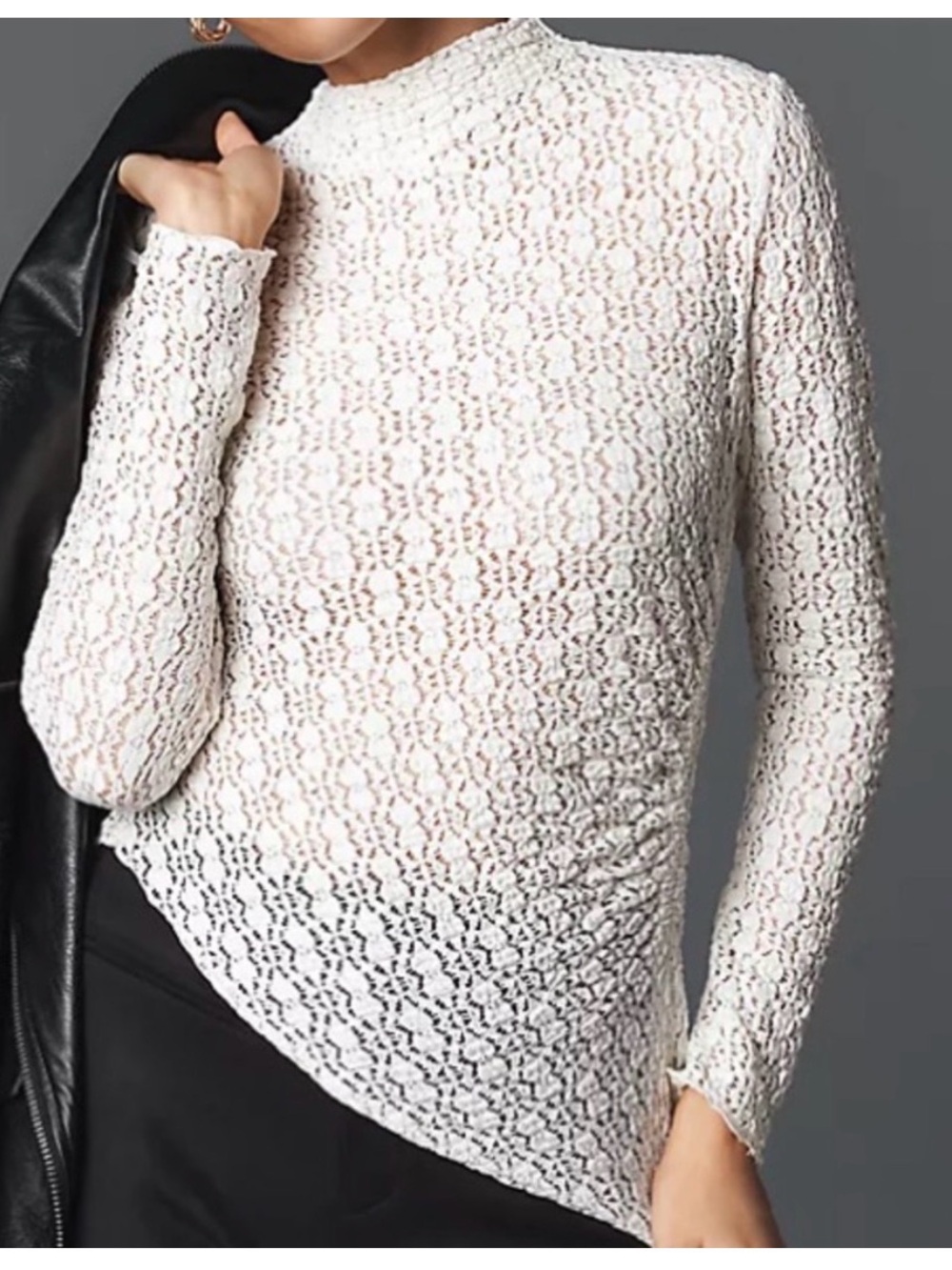 NEW Anthropologie Smocked Lace High Neck Asymmetrical Long Sleeve Ivory Top